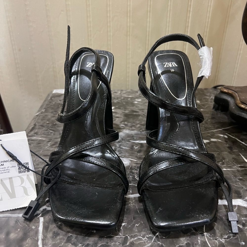 Zara Black Strappy Square-Toe Block Heels